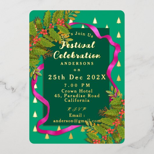 Invitation En Aluminium Fête de Noël Vert (Recto)
