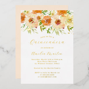 Invitation En Aluminium Fête de Quinceanera florale aquarelle or