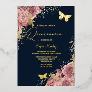 Invitation En Aluminium Fête de Quinceanera Papillon Enchanté Navy Or