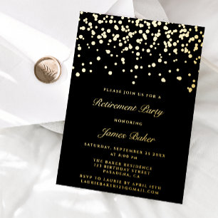 Invitation En Aluminium Fête de retraite Elegant Script Noir & Or
