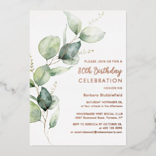 Invitation En Aluminium Fête de script eucalyptus pour 80e anniversaire