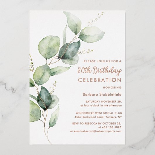 Invitation En Aluminium Fête de script eucalyptus pour 80e anniversaire (Recto)