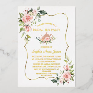 Invitation En Aluminium Fête de thé de mariage floral rose en feuille d'or