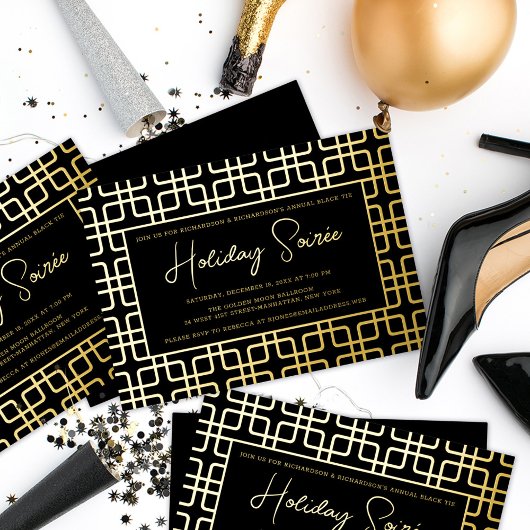 Invitation En Aluminium Fête de vacances Geometric Pattern Noir Or