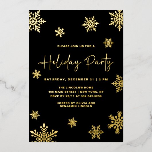 Invitation En Aluminium Fête de vacances Gold Snowflon hiver (Recto)