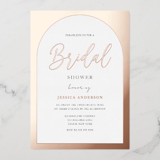 Invitation En Aluminium Fête des mariées d'arche d'or Rose Designer modern (Recto)