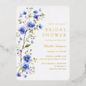 Invitation En Aluminium Fête des mariées de fleurs bleues or (Recto)