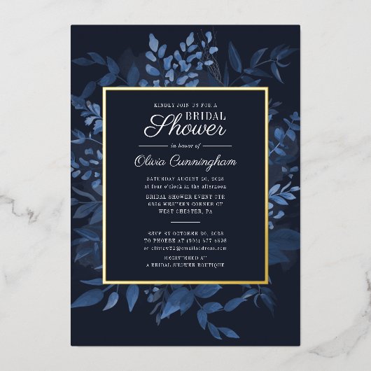 Invitation En Aluminium Fête des mariées de la marine moderne Blue Botanic (Recto)