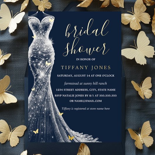 Invitation En Aluminium Fête des mariées de robe papillon Gold Navy