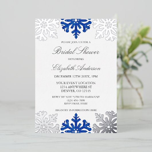 Invitation En Aluminium Fête des mariées d'hiver Silver Blue Snowflake (Debout devant)