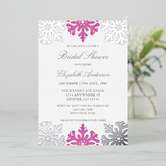 Invitation En Aluminium Fête des mariées d'hiver Silver Pink Snowflake (Debout devant)