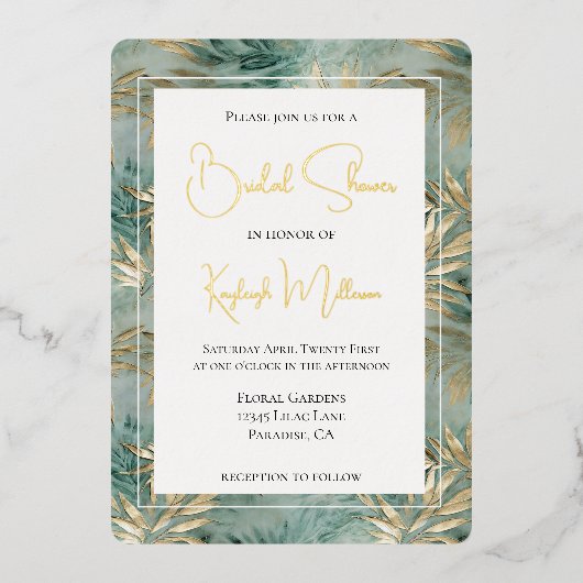Invitation En Aluminium Fête des mariées Feuille Tropical Gold Vert (Recto)