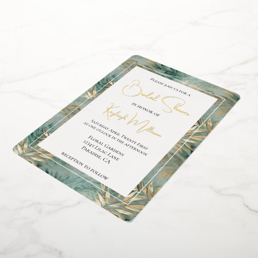 Invitation En Aluminium Fête des mariées Feuille Tropical Gold Vert (Rotation)