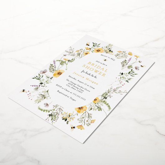 Invitation En Aluminium Fête des mariées Fleur sauvage délicate et abeille (Rotation)