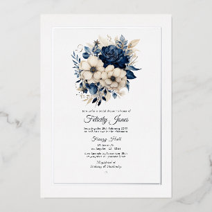 Invitation En Aluminium Fête des mariées florale bleu marine, crème et arg
