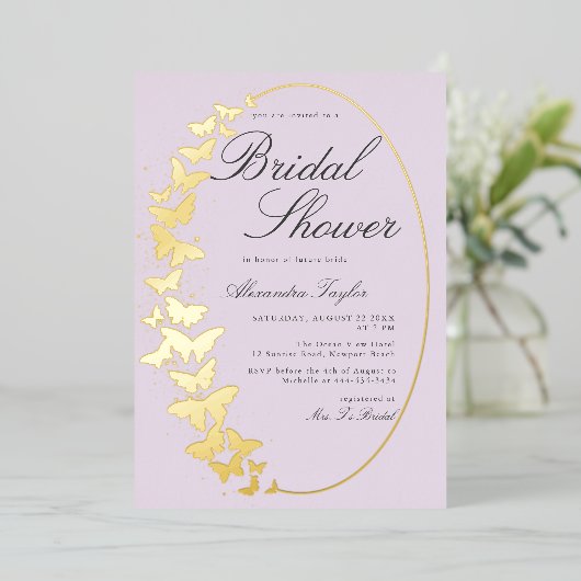 Invitation En Aluminium Fête des mariées papillon Lilac Elegant Gold Class (Debout devant)