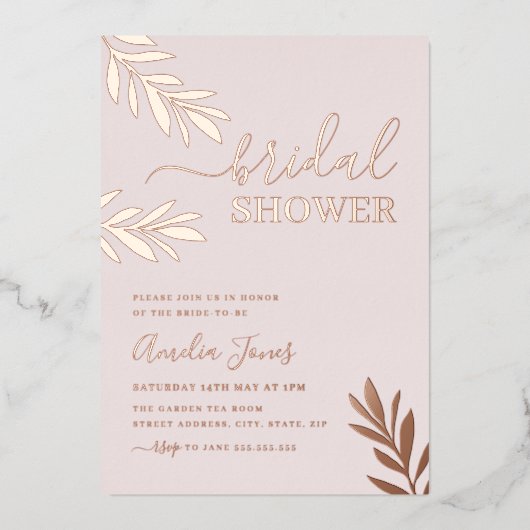 Invitation En Aluminium Fête des mariées rose Gold Boho Leaf (Recto)