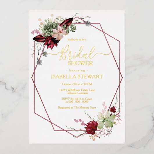 Invitation En Aluminium Fête des mariées Rustique Bourgogne d'aquarelle (Recto)