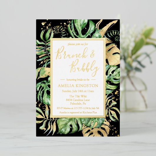 Invitation En Aluminium Fête des mariées Tropical Brunch Bubbly Black & Go (Debout devant)