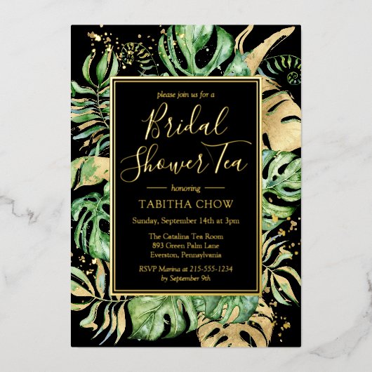 Invitation En Aluminium Fête des mariées tropicale Tea Party Black & Gold (Recto)