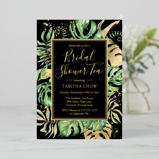 Invitation En Aluminium Fête des mariées tropicale Tea Party Black & Gold (Debout devant)