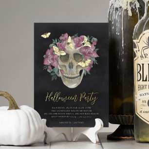 Invitation En Aluminium Fête d'Halloween Crâne Floral Orchidée Rose