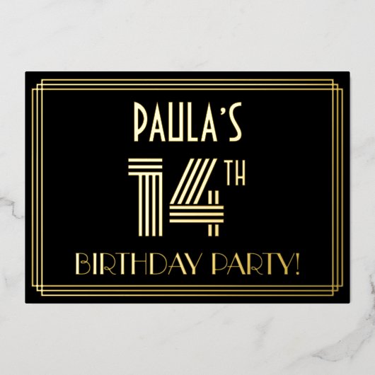 Invitation En Aluminium Fête du 14e anniversaire — Style Art Déco "14" + N (Recto)