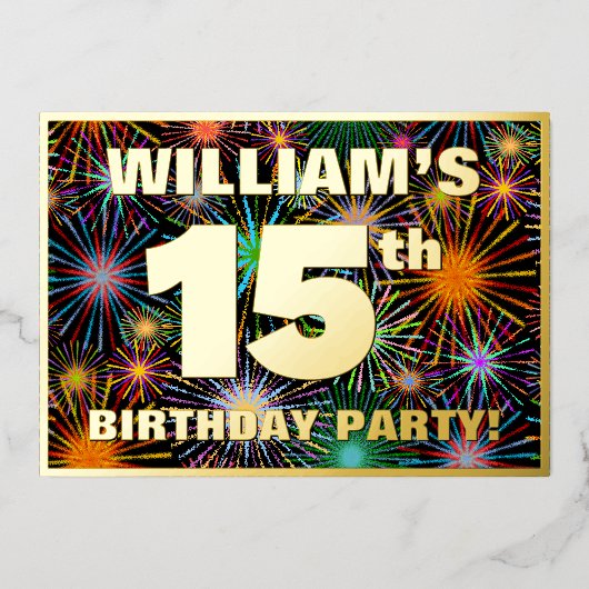 Invitation En Aluminium Fête du 15e anniversaire — Amusant, Feu d'artifice (Recto)