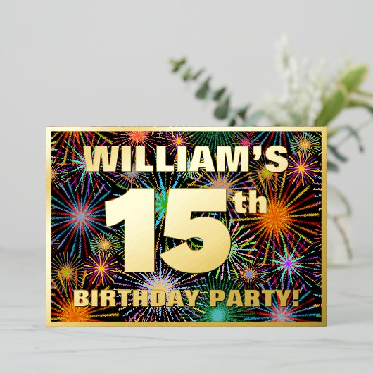 Invitation En Aluminium Fête du 15e anniversaire — Amusant, Feu d'artifice (Debout devant)