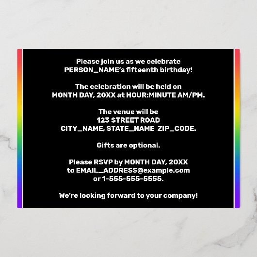 Invitation En Aluminium Fête du 15e anniversaire — Amusant, Feu d'artifice (Verso)