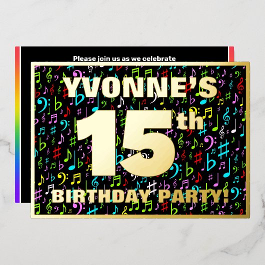Invitation En Aluminium Fête du 15e anniversaire — Symboles de musique amu (Recto/Verso)