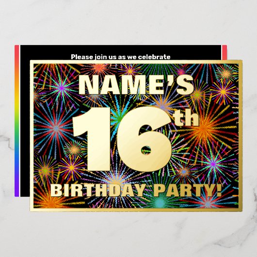 Invitation En Aluminium Fête du 16e anniversaire — Amusant, Feu d'artifice (Recto/Verso)