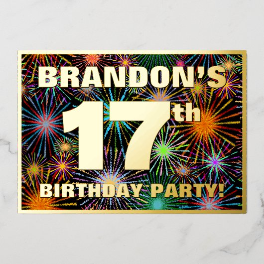 Invitation En Aluminium Fête du 17e anniversaire — Amusant, Feu d'artifice (Recto)