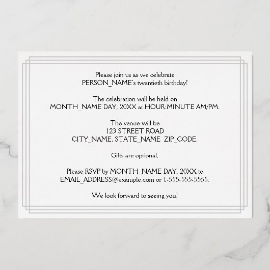 Invitation En Aluminium Fête du 20e anniversaire : Art Déco Look "20", ave (Verso)