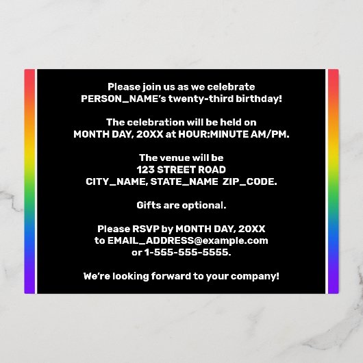 Invitation En Aluminium Fête du 23e anniversaire : Amusant, Motif arc-en-c (Verso)