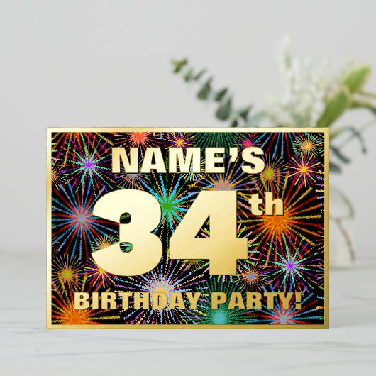 Invitation En Aluminium Fête du 34e anniversaire — Amusant, Feu d'artifice (Debout devant)