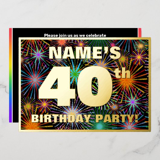 Invitation En Aluminium Fête du 40e anniversaire — Amusant, Feu d'artifice (Recto/Verso)