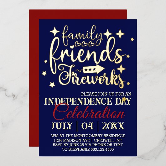 Invitation En Aluminium Fête du 4 juillet Stars (Recto/Verso)