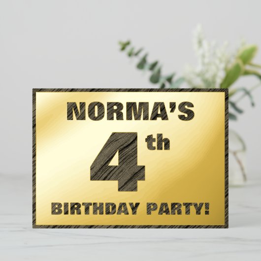 Invitation En Aluminium Fête du 4e anniversaire — Gras, Faux Wood Grain Te (Debout devant)