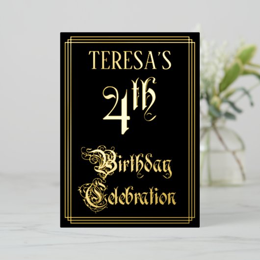 Invitation En Aluminium Fête du 4e anniversaire — Script fantaisie et nom  (Debout devant)