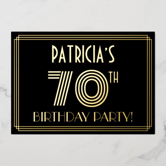 Invitation En Aluminium Fête du 70e anniversaire — Style Art Déco "70" + N (Recto)