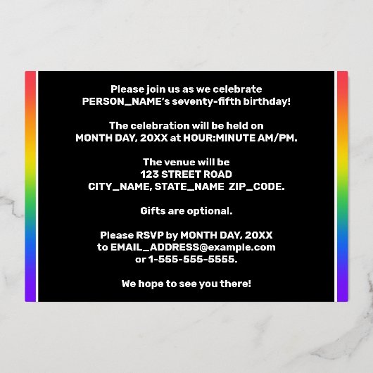 Invitation En Aluminium Fête du 75e anniversaire : Amusant, Motif arc-en-c (Verso)