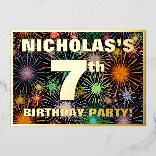 Invitation En Aluminium Fête du 7e anniversaire — Amusant, Feu d'artifice (Recto)