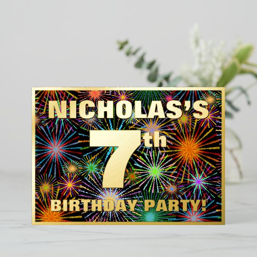 Invitation En Aluminium Fête du 7e anniversaire — Amusant, Feu d'artifice (Debout devant)