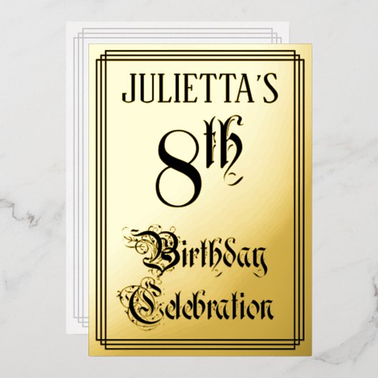 Invitation En Aluminium Fête du 8e anniversaire — Script élégant + Nom per (Recto/Verso)
