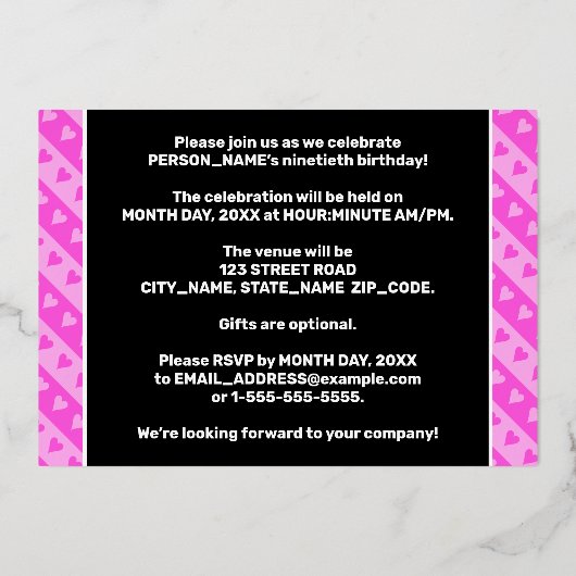 Invitation En Aluminium Fête du 90e anniversaire — Coeurs et rayures roses (Verso)