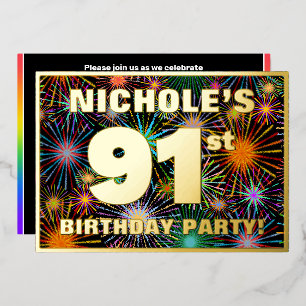 Invitation En Aluminium Fête du 91e anniversaire — Feu d'artifice coloré e