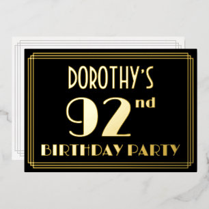 Invitation En Aluminium Fête du 92e anniversaire : Style Art Déco « 92 »,