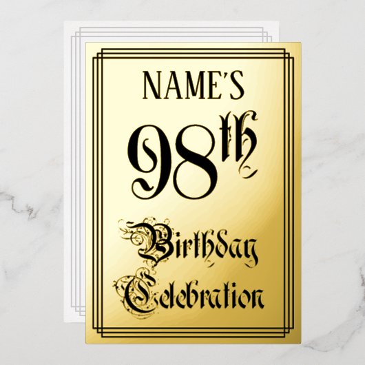 Invitation En Aluminium Fête du 98e anniversaire — Écriture élégante + Nom (Recto/Verso)