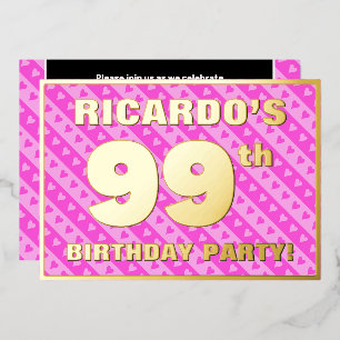 Invitation En Aluminium Fête du 99e anniversaire — Cœurs roses et rayures